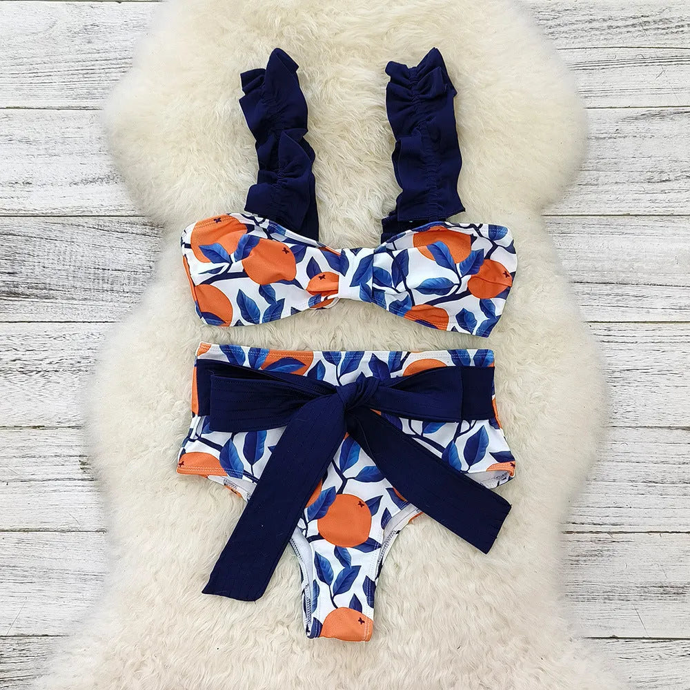 Women's blue leaf orange high waist bikini swimsuit with sleeveless briefs