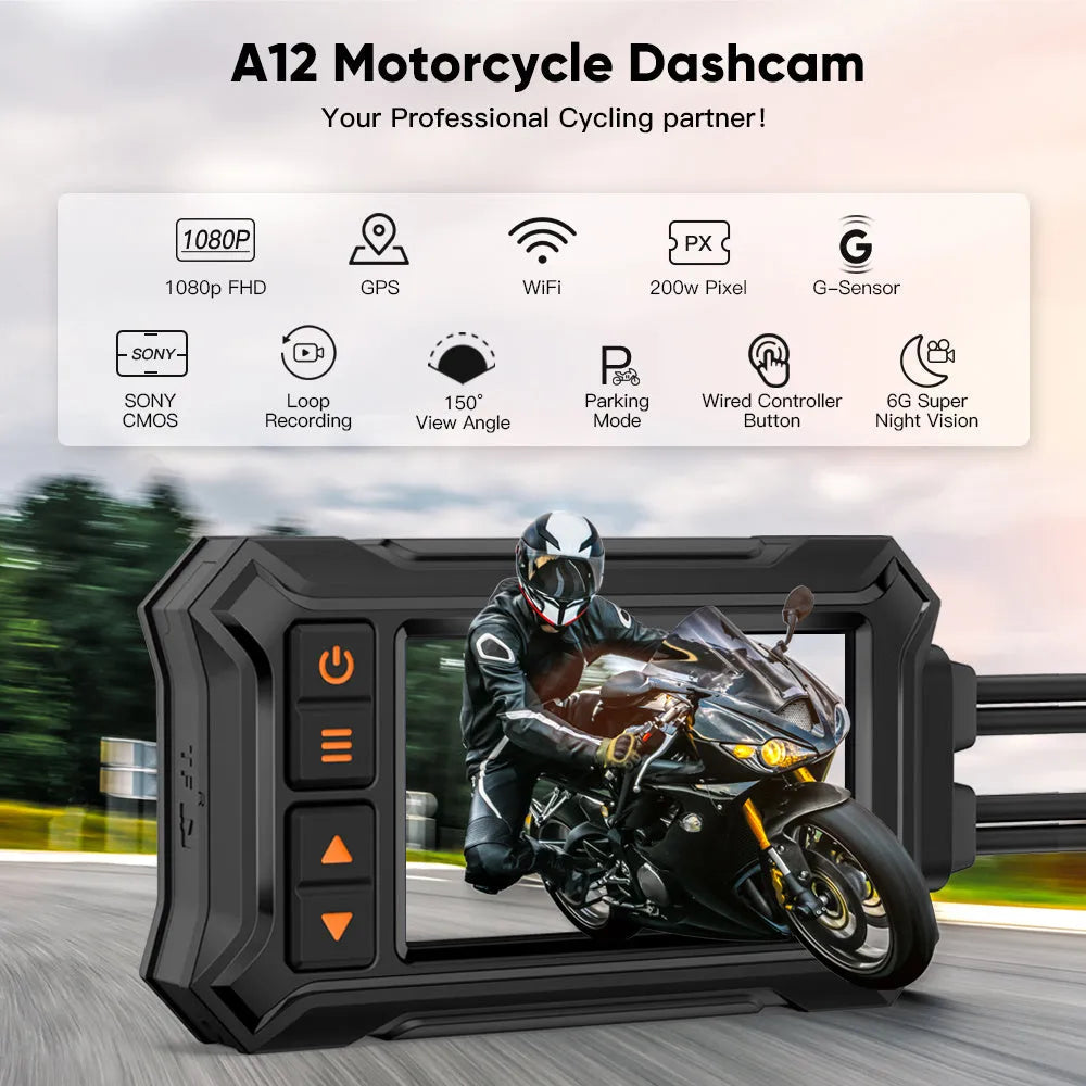 Motorcycle dual lens dash cam recorder with 3 inch display, front and rear cameras, and GPS module