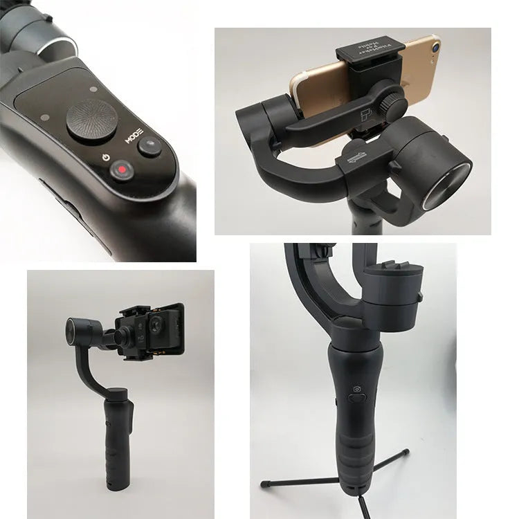 Black handheld 3-axis motorised gimbal stabiliser for mobile phones on a dark background.
