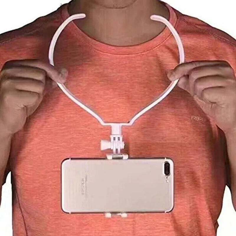 Black ABS plastic neck phone holder showing flexible ring and smartphone mounting mechanism