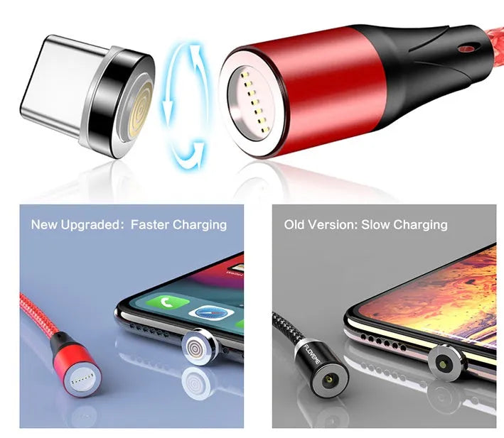 Magnetic data cable with LED side lights in black, red, or silver colour, compatible with Apple iPhone, Android, and Type-C devices