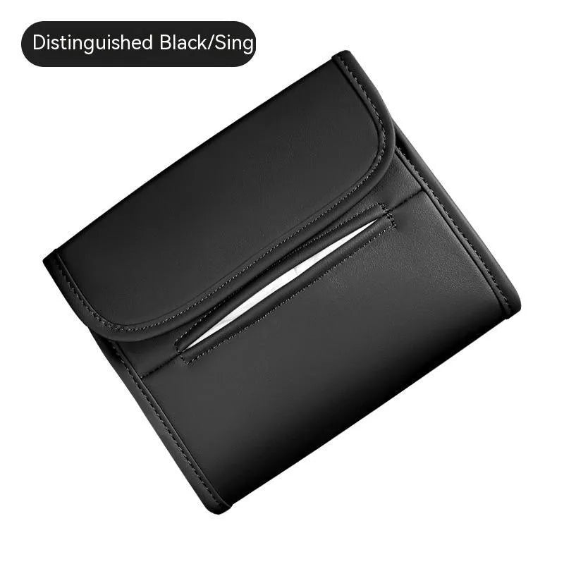 Leather car tissue box organiser with elastic band mount for sun visor or armrest.