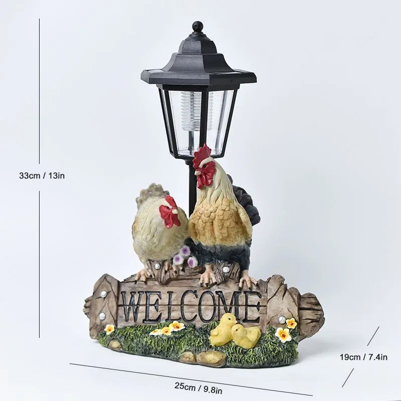 Hexagonal solar garden lamp with decorative resin animal design on grass
