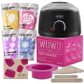 27-piece hair removal wax kit showing four colour wax beads, wax machine, face and body wax sticks