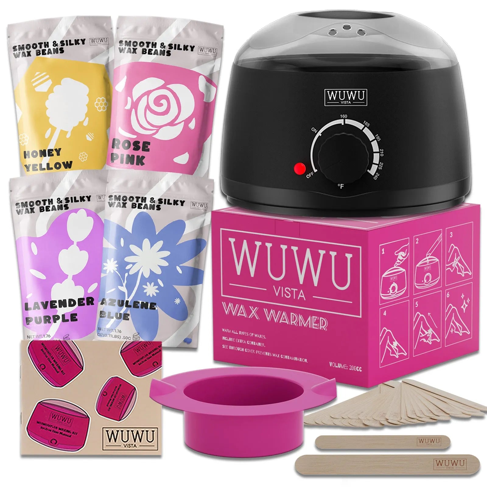 27-piece hair removal wax kit showing four colour wax beads, wax machine, face and body wax sticks