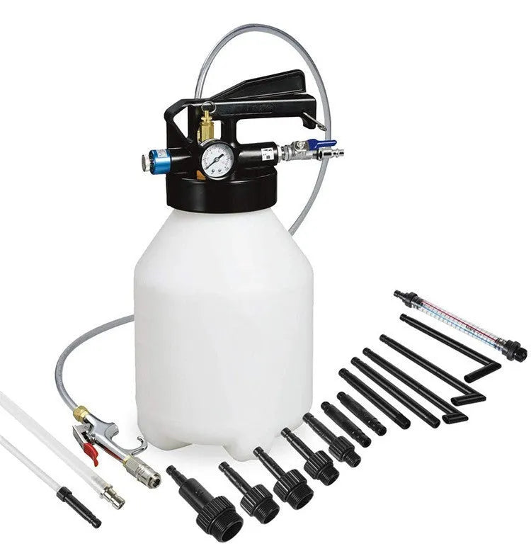 Pneumatic automatic transmission oil changer tool with fluid tank.