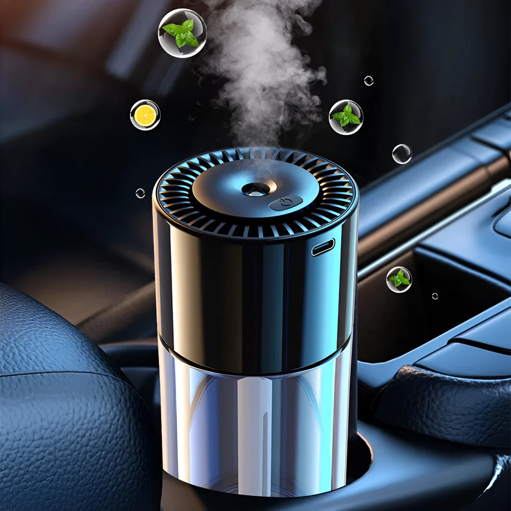 USB-powered AI intelligent spray perfume humidifier with glass seat on desk.