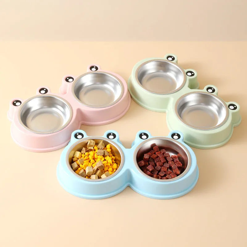Stainless steel frog design pet bowl with separate food and water compartments in blue, green, and pink colour options