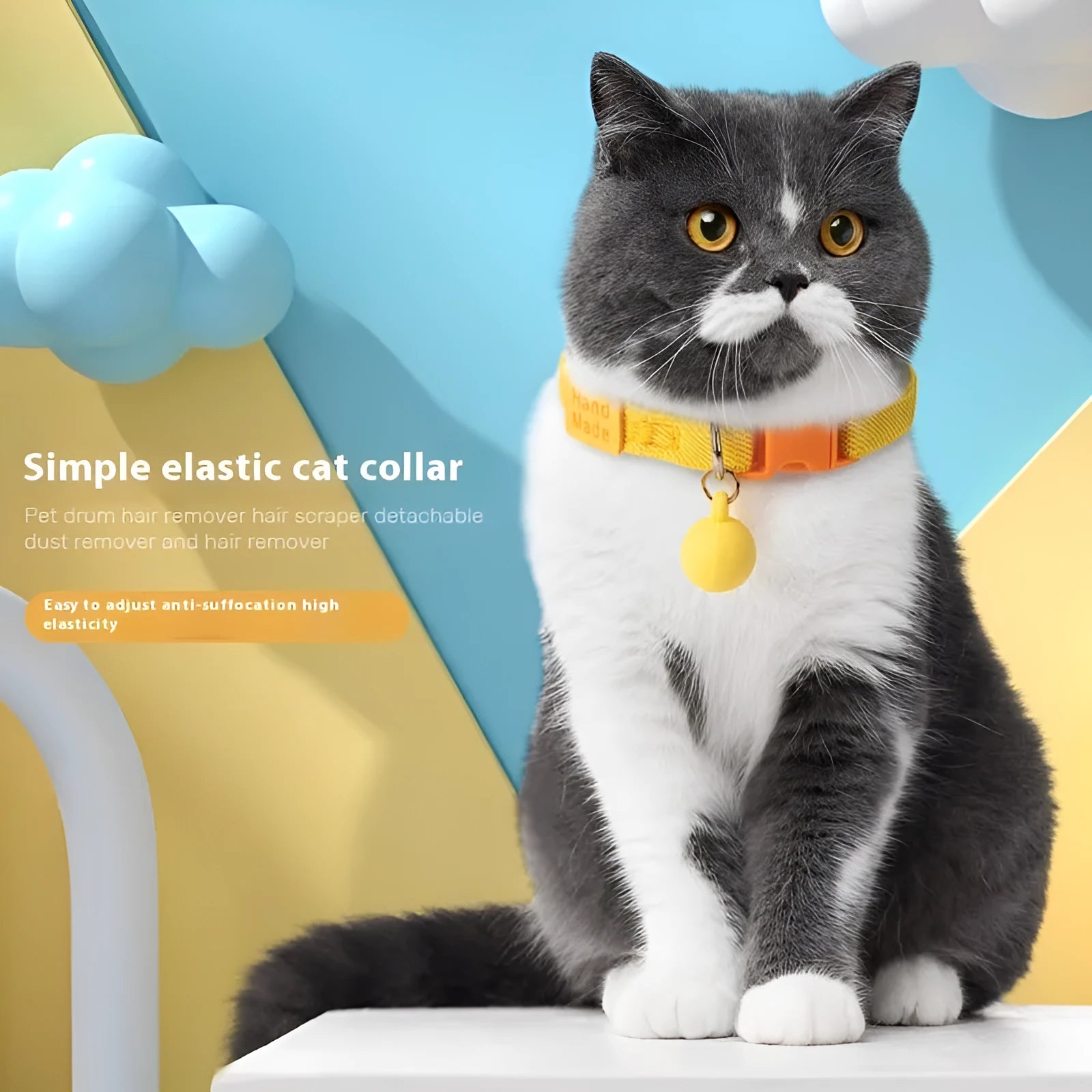 Small dog wearing a stretchy yellow polyester elastic pet collar.