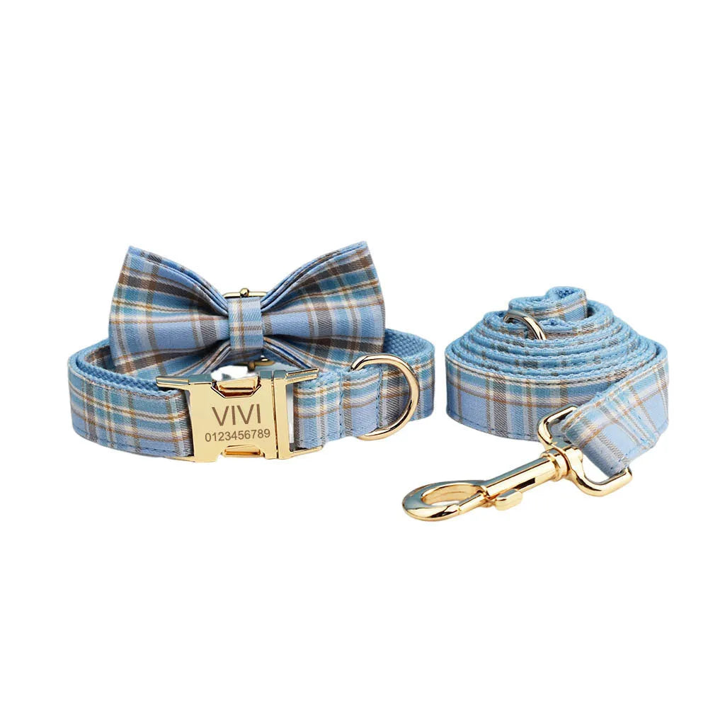 Sky blue grid pattern cloth dog collar and leash set with matching vest and bow tie