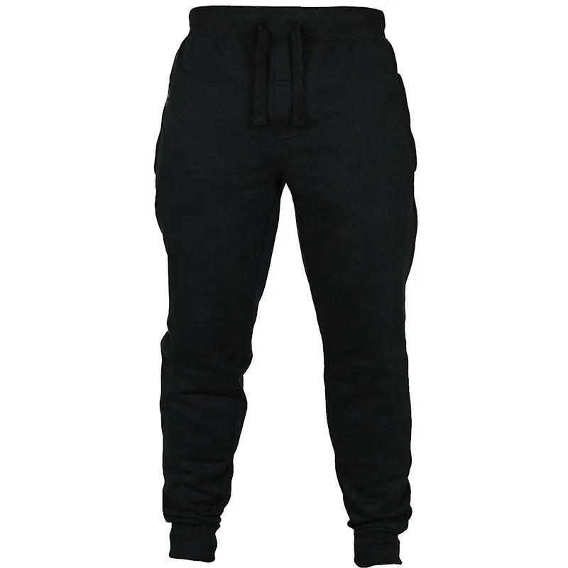 Men's black fleece sweatpants with drawstring waistband showing loose fit design