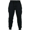 Men's black fleece sweatpants with drawstring waistband showing loose fit design