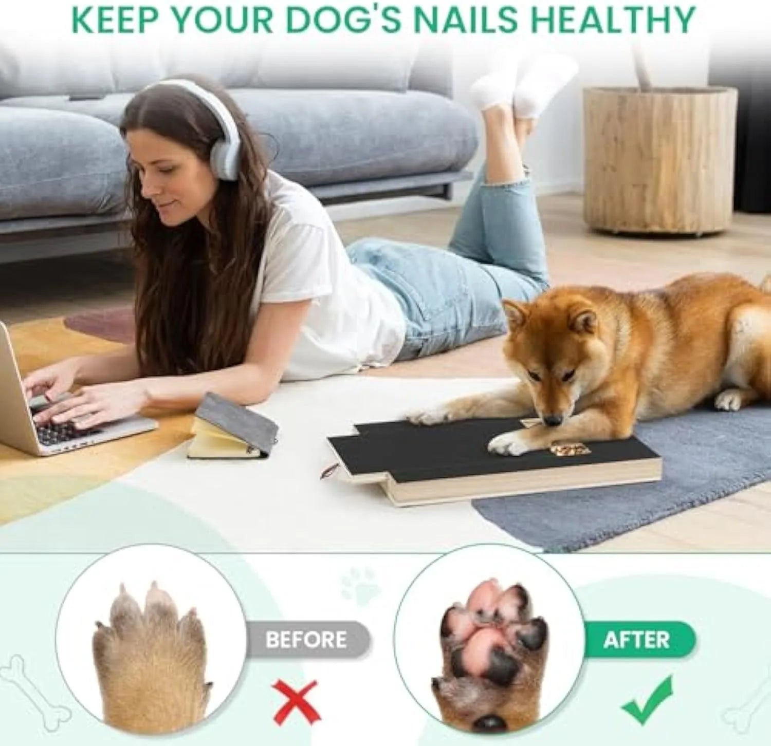 Black dog nail scratch board with treat drawer on wooden floor with non-slip pads