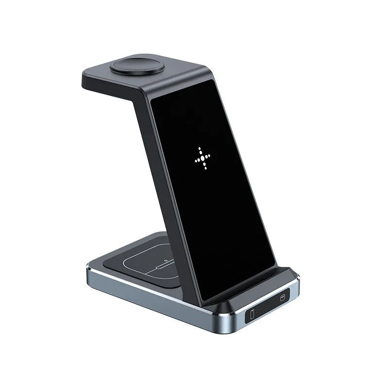 X2 three-in-one wireless charger in black charging a phone, watch, and earbuds