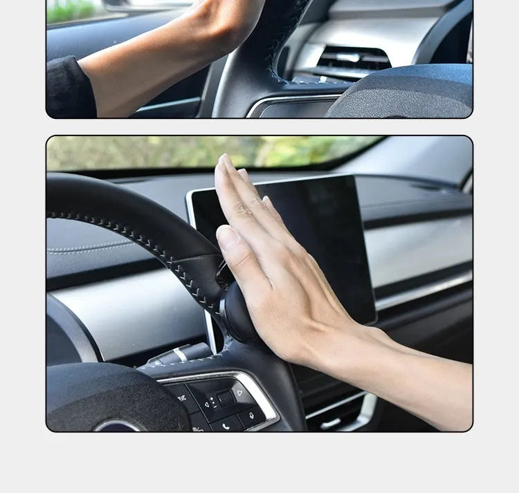 Black and blue steering wheel assist balls with silicone grip, showing approximate 9cm by 6cm size.