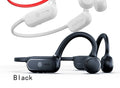 Black air conduction wireless Bluetooth earphones with an ergonomic ear hook and flexible titanium neckband.