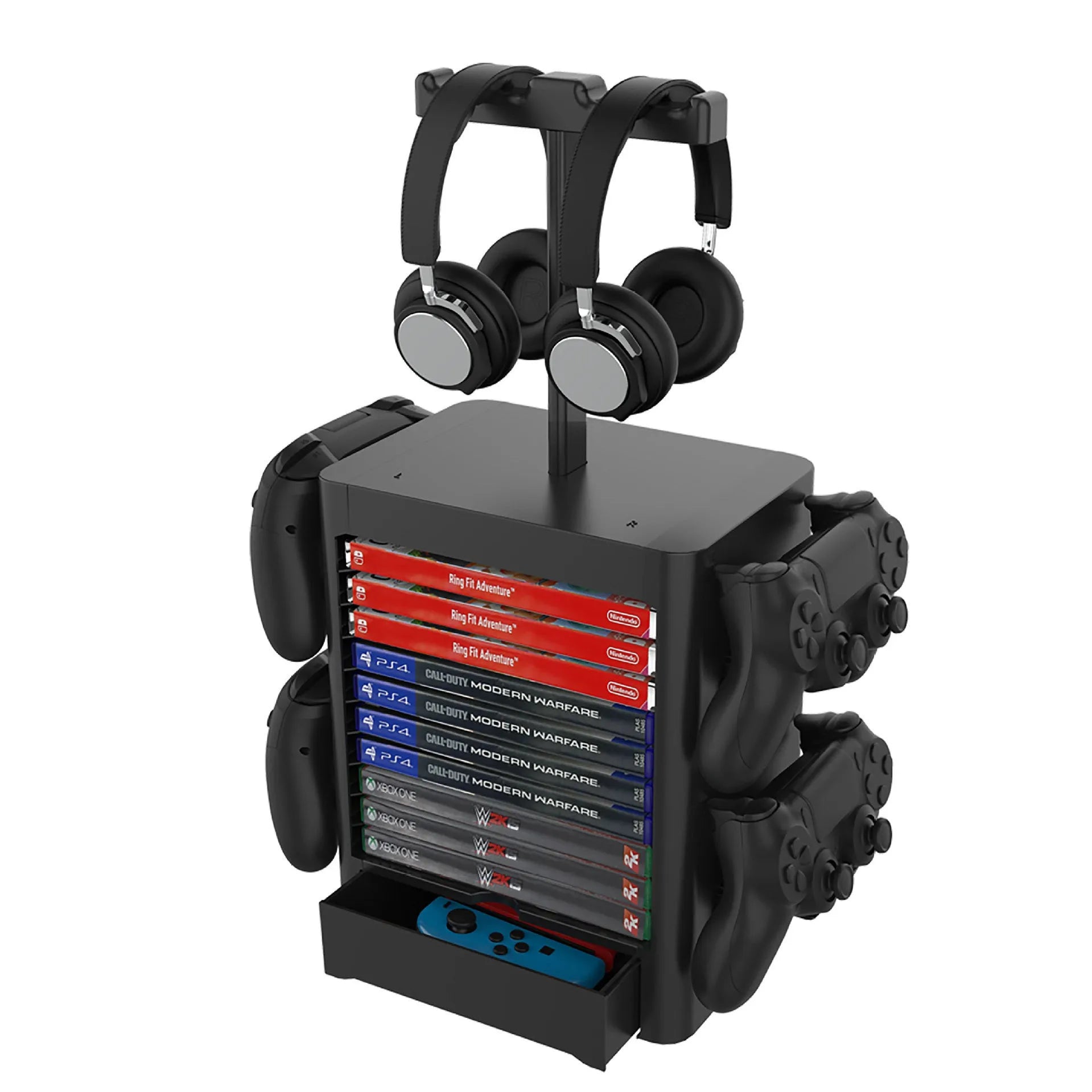 Black ABS plastic gaming console accessories storage rack with headphone stand, controller hooks, and drawer