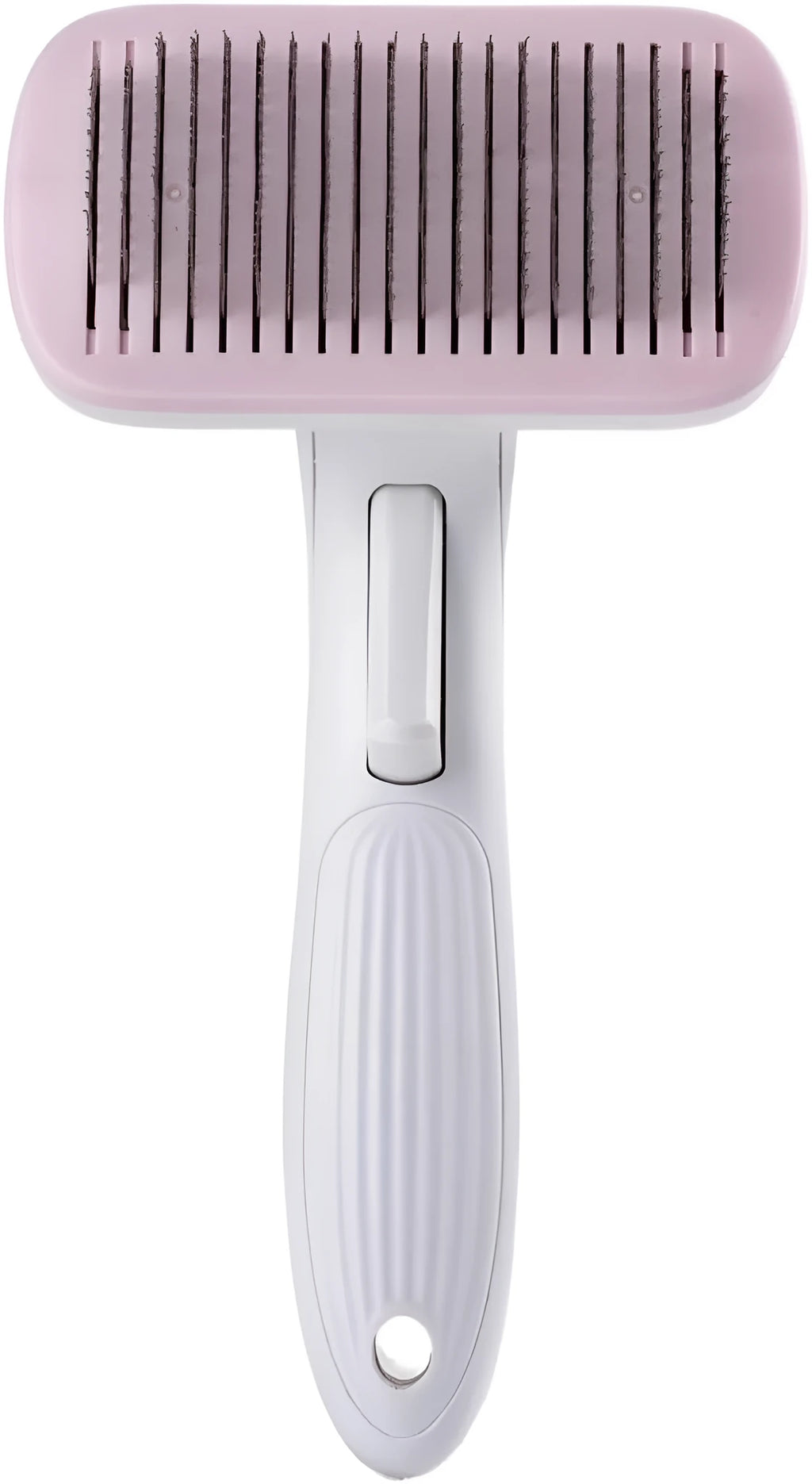 Automatic pet hair removal comb for dogs and cats in blue, showing one-click needle mechanism.