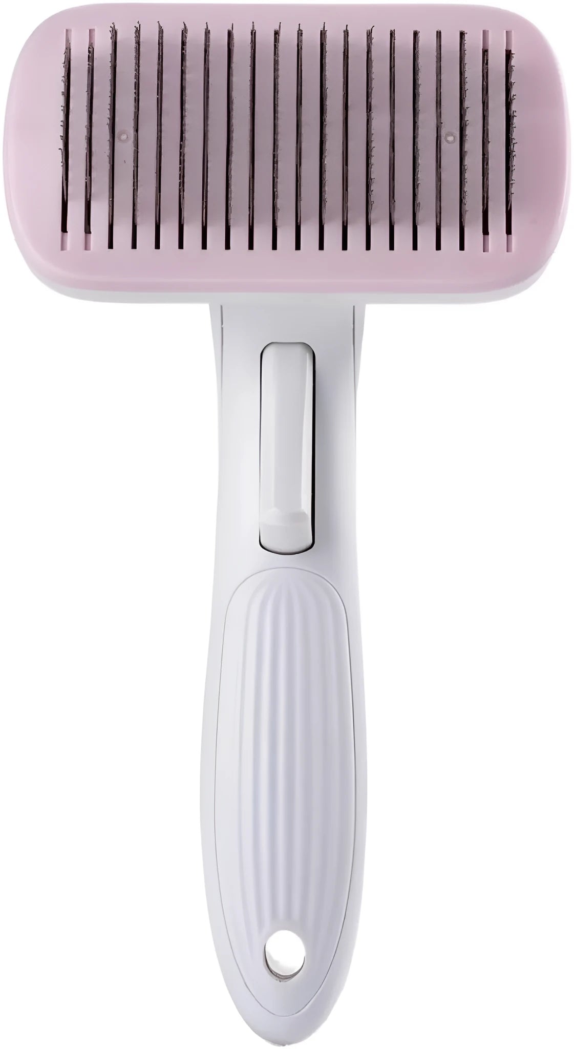 Automatic pet hair removal comb for dogs and cats in blue, showing one-click needle mechanism.