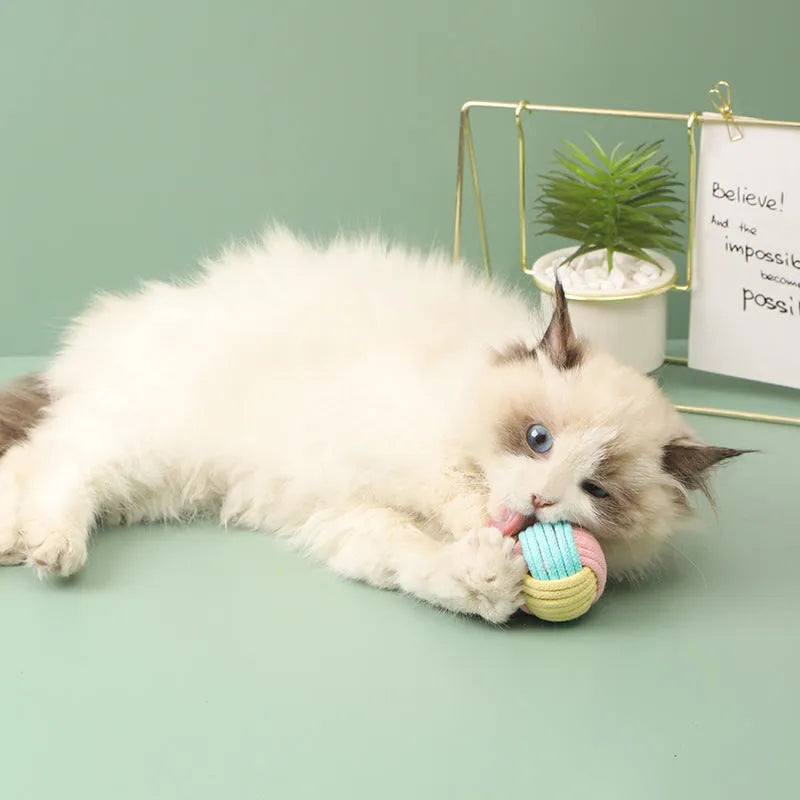 Handmade cat toy with hair ball and plush cotton ball measuring 5cm in blue powder colour