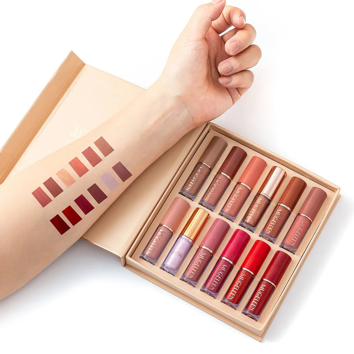 Matte shimmer lip glaze 12-piece set with non-stick cup formula in coordinated colours