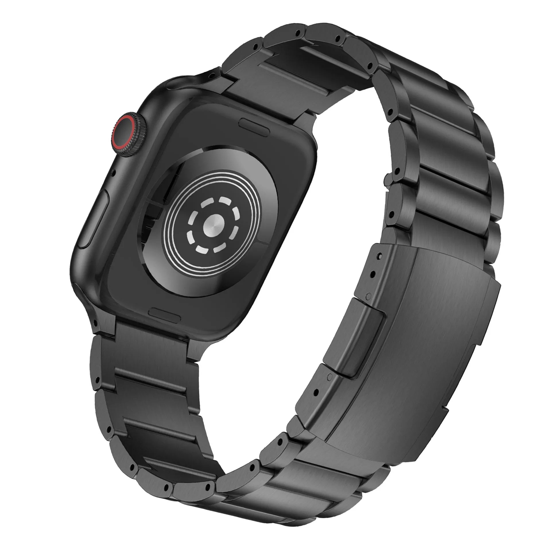 Titanium Apple Watch replacement strap with folding buckle in black and silver options