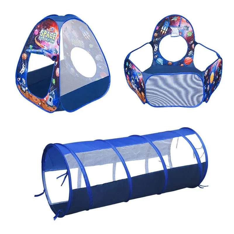 Three-in-one children's play tent with ball pool and tunnel in marine cartoon design