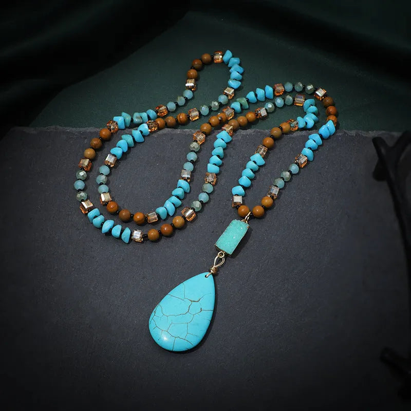 Turquoise blue water drop pendant necklace with mixed gem inlaid and ball bead chain