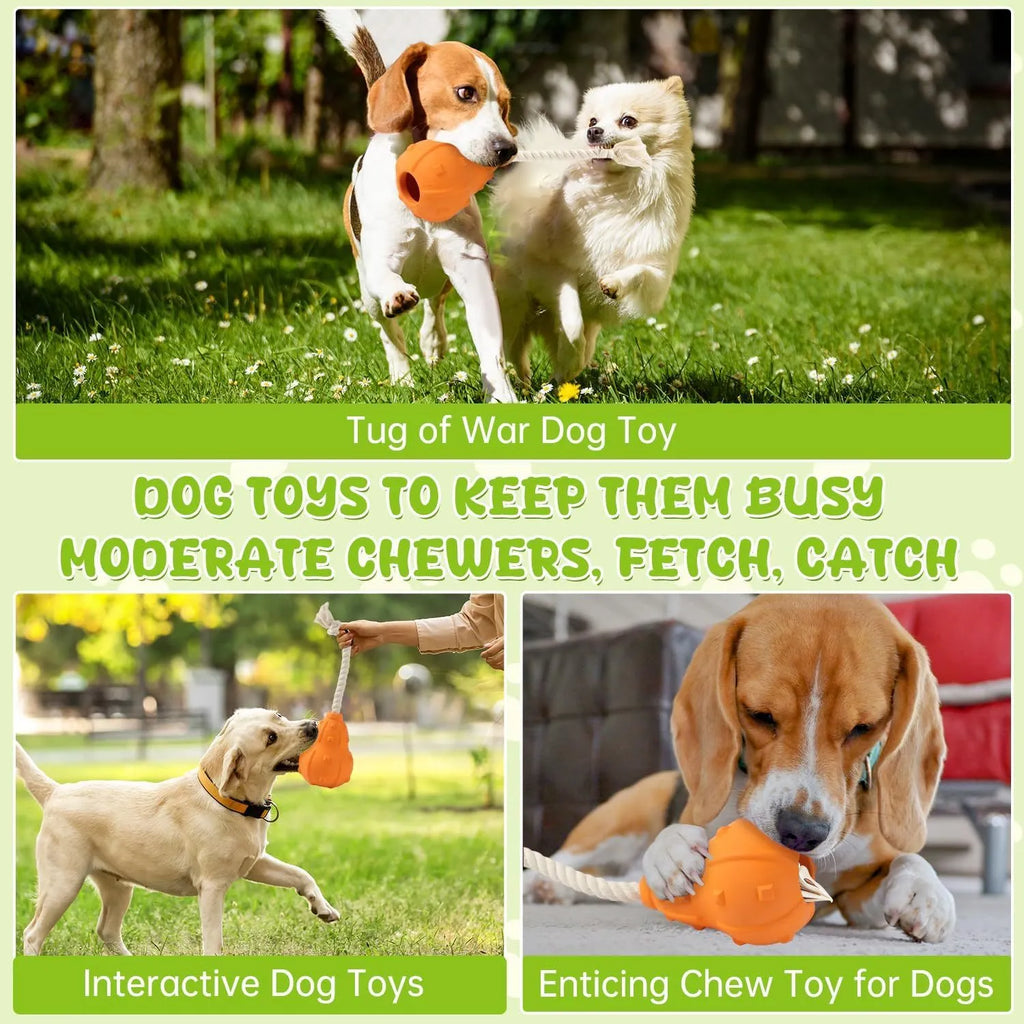 Natural rubber stuffable dog chew and fetch toy with longer strap for small medium breed dogs