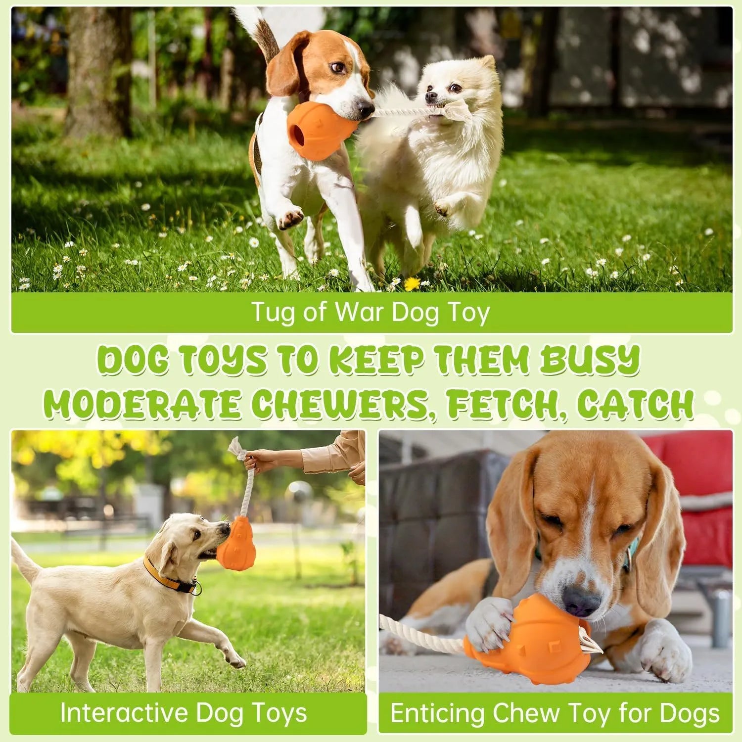 Natural rubber stuffable dog chew and fetch toy with longer strap for small medium breed dogs