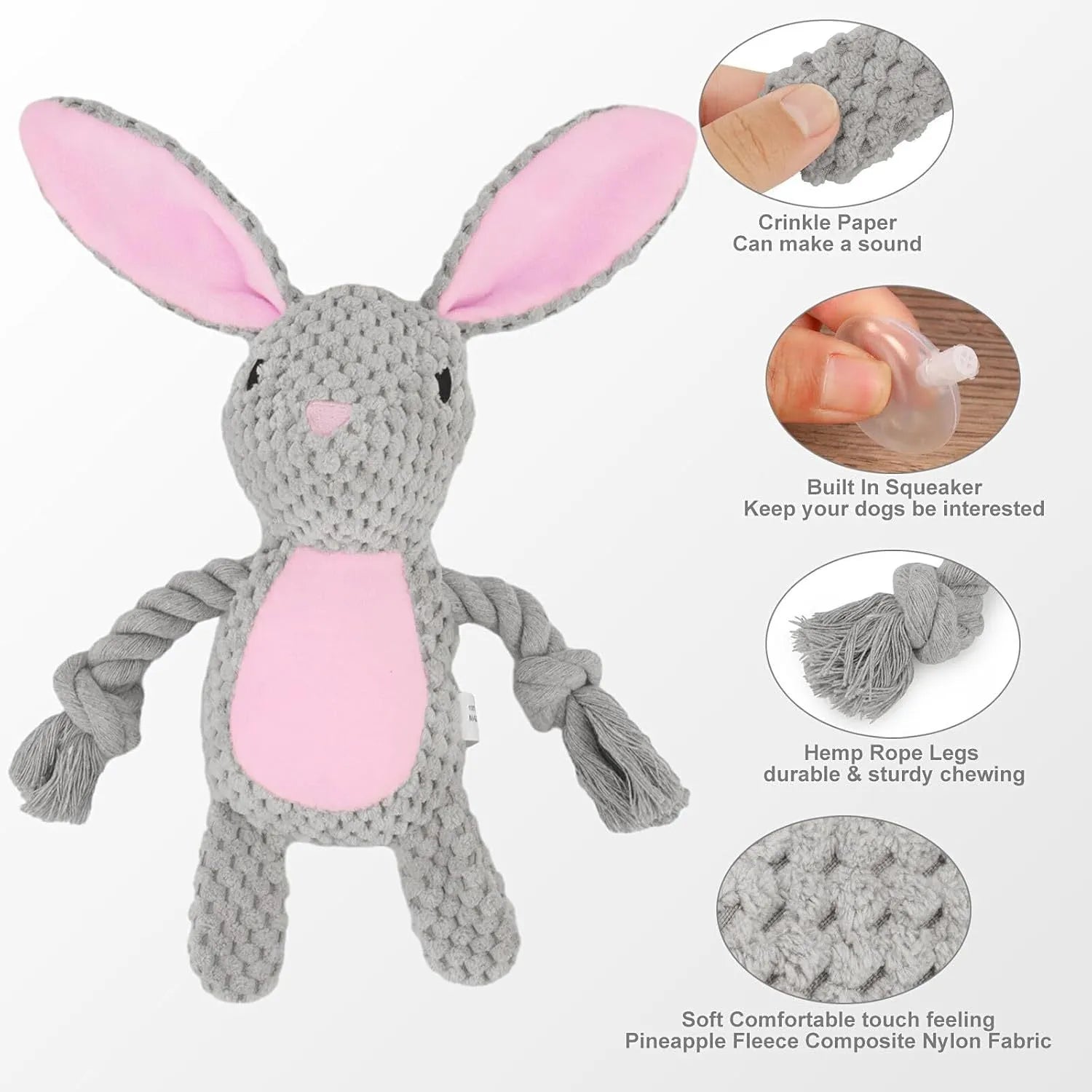 Soft plush dog toy shaped like an animal with an attached cotton rope, featuring a squeaker and crinkle paper inside.