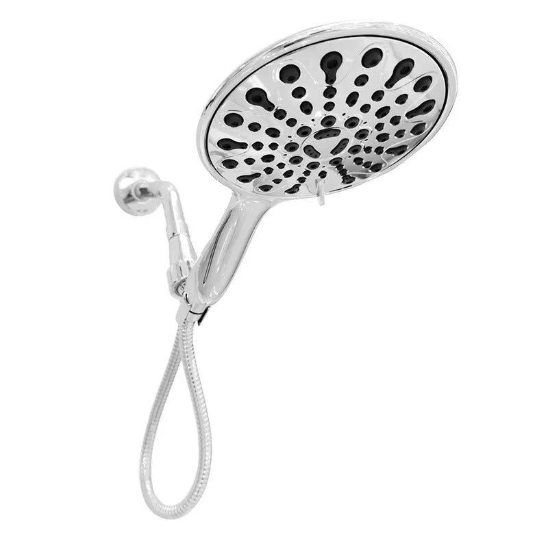 Six-function handheld shower head with electroplated finish, showing 6-inch diameter and American-style design.