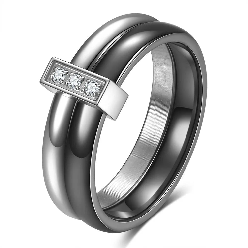 Ceramic women's ring with glossy stitching inlaid zirconium geometric design in steel black or gold white