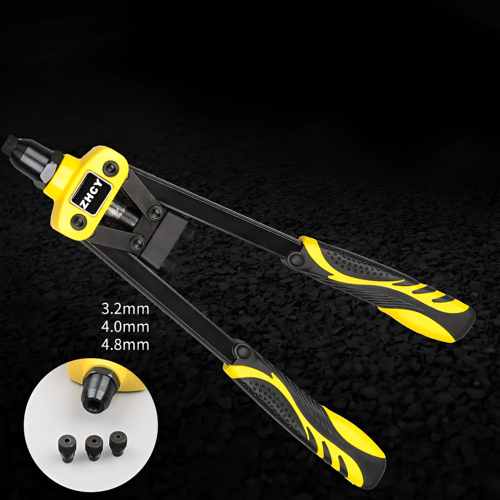 Yellow aluminium alloy manual rivet gun with 13-inch handle and built-in tips.