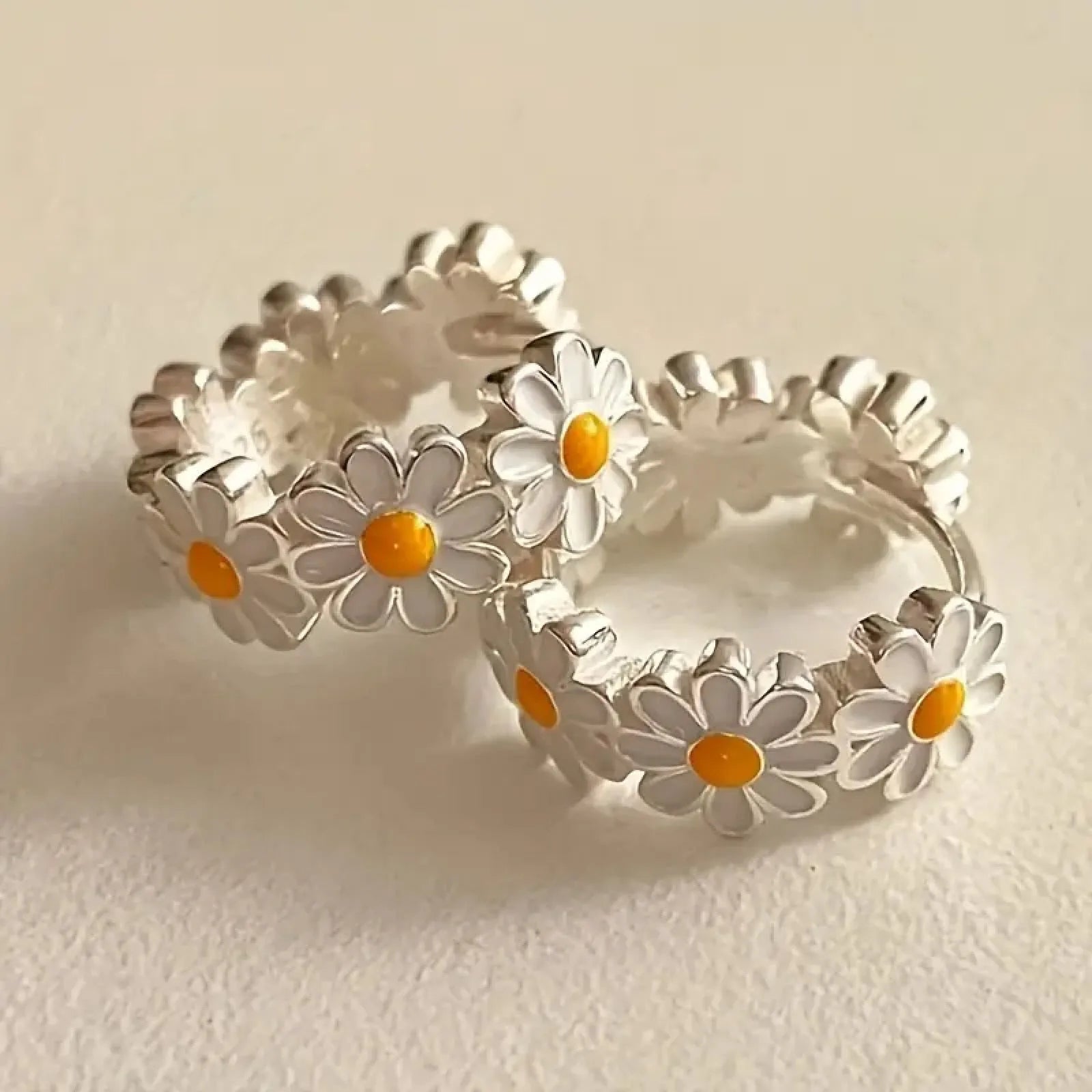 White electroplated daisy flower ring earrings set with gem inlay on copper base