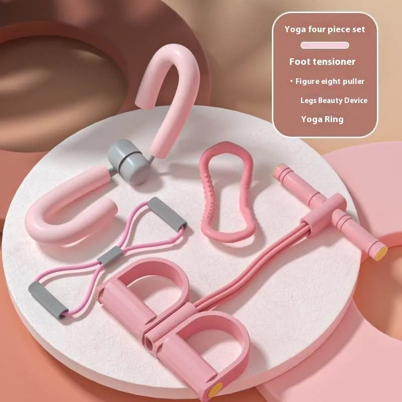 Four piece yoga fitness set showing leg stretcher, yoga ring, pedal puller and figure eight tension rope