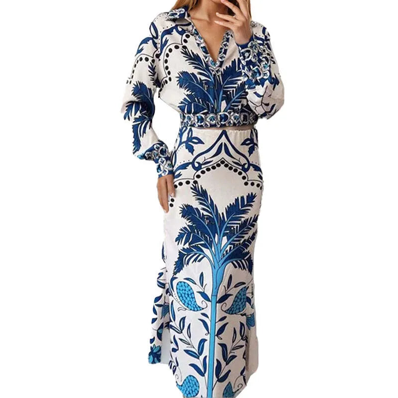 Women's early spring flower print casual two-piece set with long sleeves and long skirt