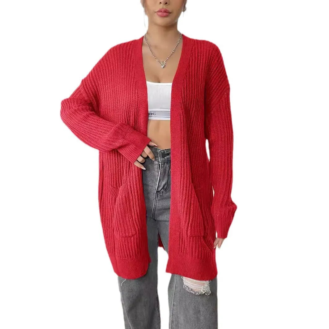 Women's double pocket acrylic cardigan in mid-length loose fit