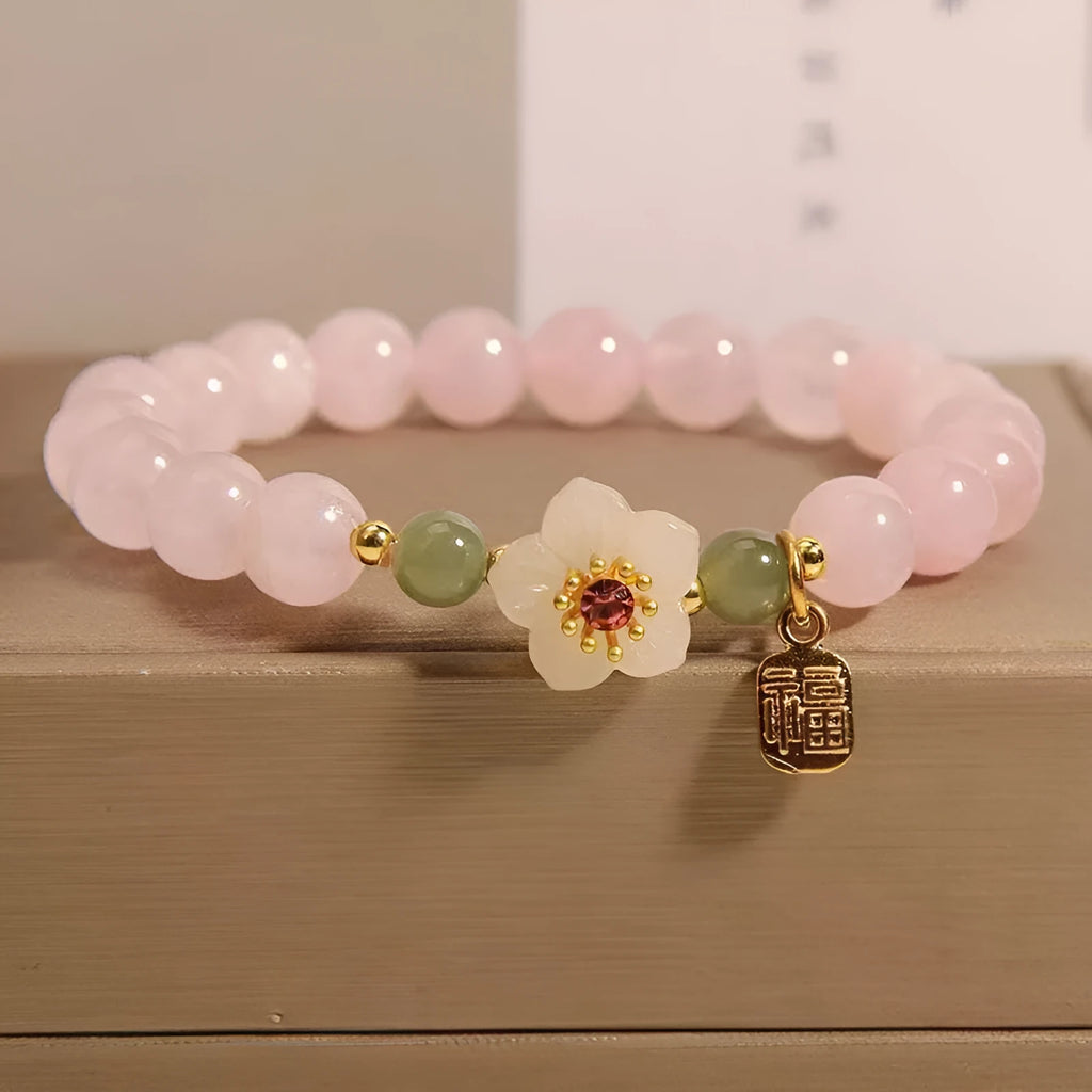 Crystal and Hetian jade beaded bracelet with peach blossom design in pastoral style