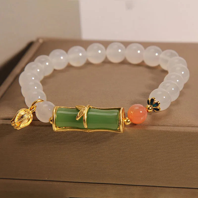 White agate jasper and jade bamboo beaded bracelet in traditional Chinese style for women