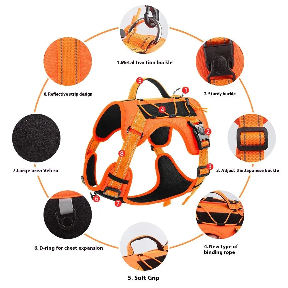 Reflective dog harness vest with explosion-proof leash attachment in multiple colour options