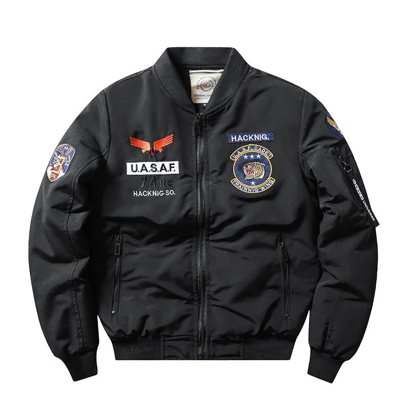 Men's blue retro Harley Davidson motorcycle coat with embroidered patches and stand collar