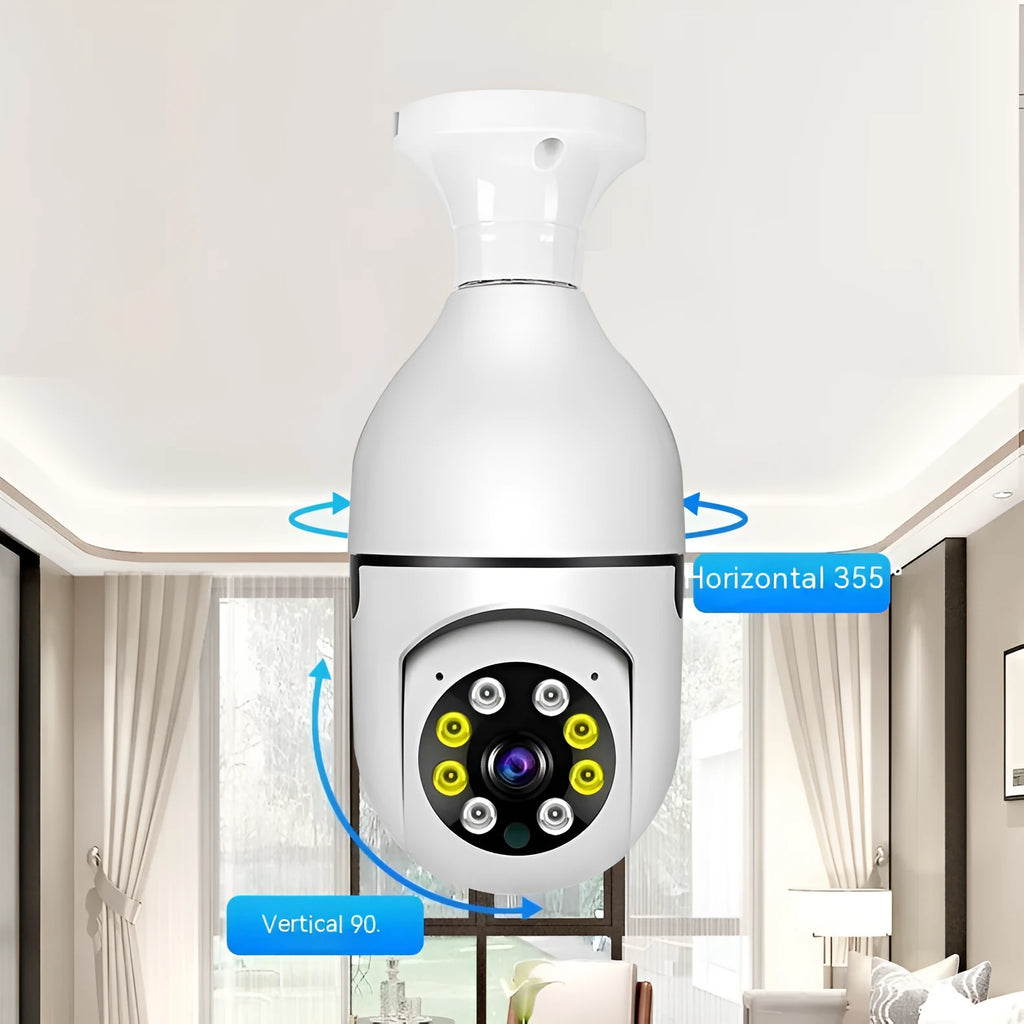 Wireless wifi security bulb camera with plastic and metal construction for indoor and outdoor 1080p monitoring.