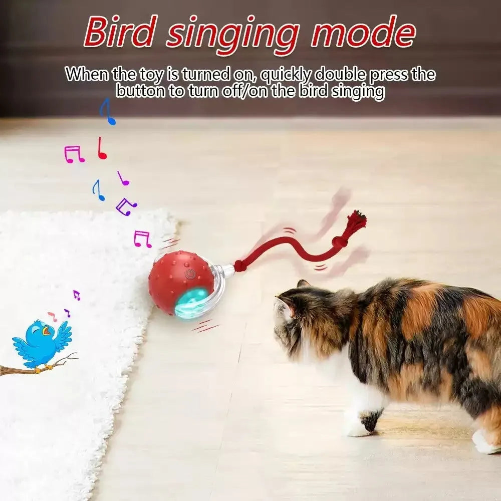 Red interactive cat toy ball with super drive rolling mechanism on a plain background.