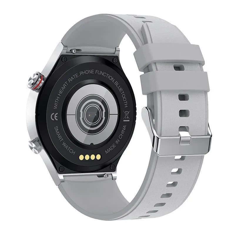 Black smart sports watch with silicone band showing a 1.28-inch display with health metrics.