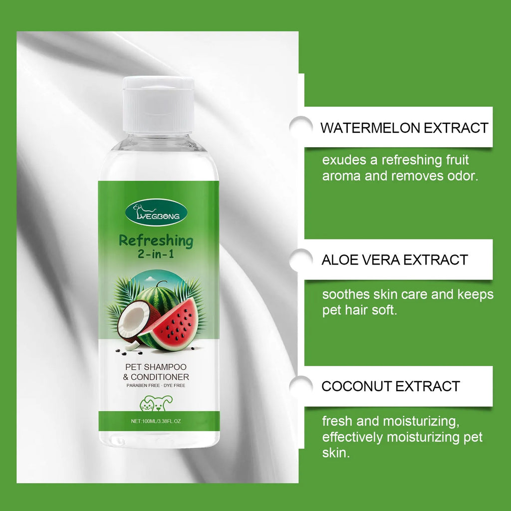100ml bottle of pet 2-in-1 shampoo and shower gel with watermelon and coconut extract.