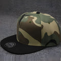 Camo snapback hat with flat brim and adjustable snapback closure in cotton-polyester blend