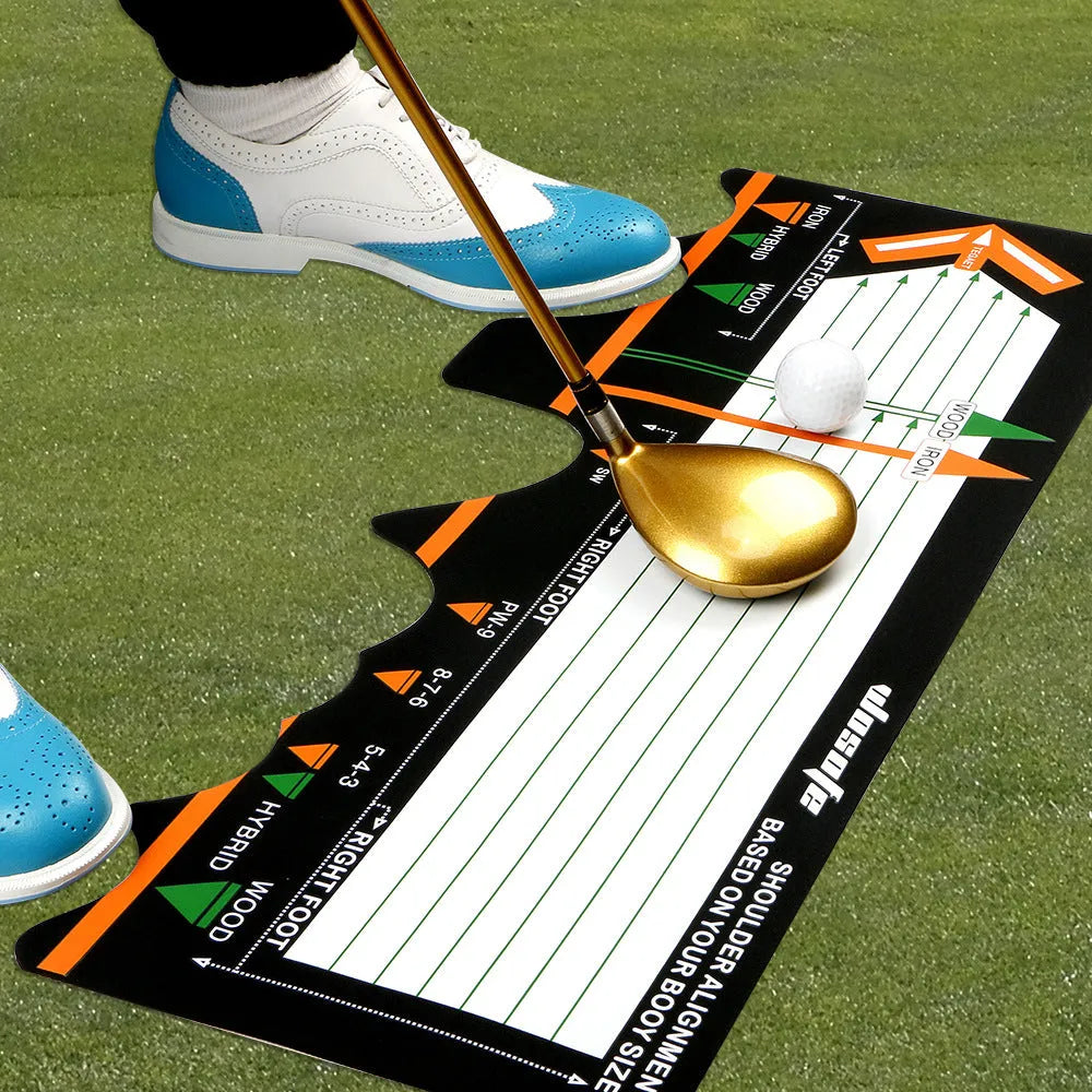 Black neoprene golf swing training pad for stance and posture correction on grass.