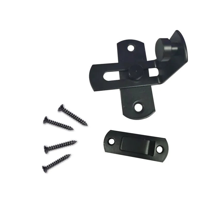 American-style 90-degree sliding door lock for barns, in black carbon steel or stainless steel finish.