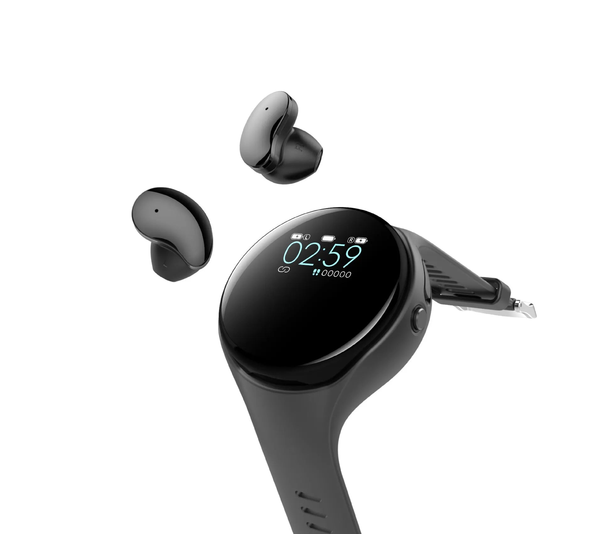 Black detachable Bluetooth headset and smart bracelet combo with colour screen for heart rate and step tracking.